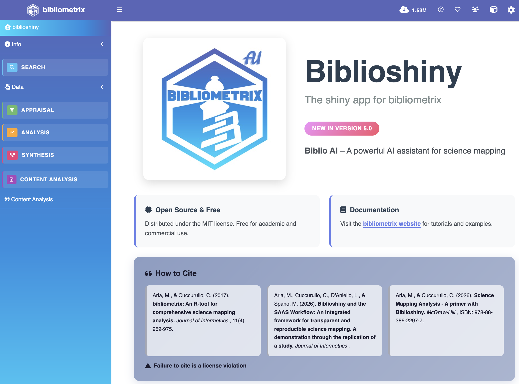The Biblioshiny web interface, the shiny app for bibliometrix