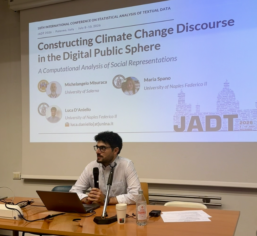 Luca D'Aniello presenting Constructing Climate Change Discourse in the Digital Public Sphere at JADT 2026