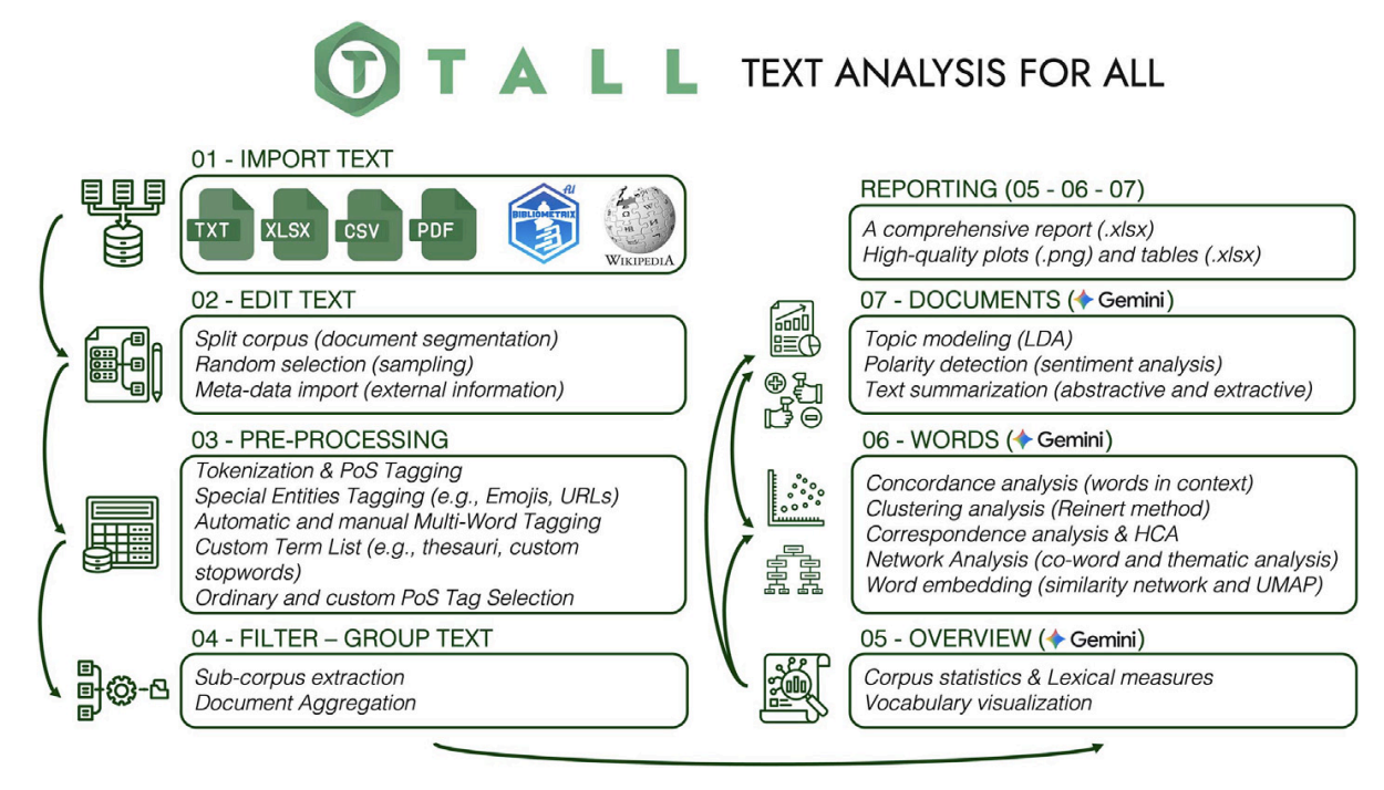 The TALL workflow: import, edit, pre-processing, group text, reporting, documents, words, and overview modules